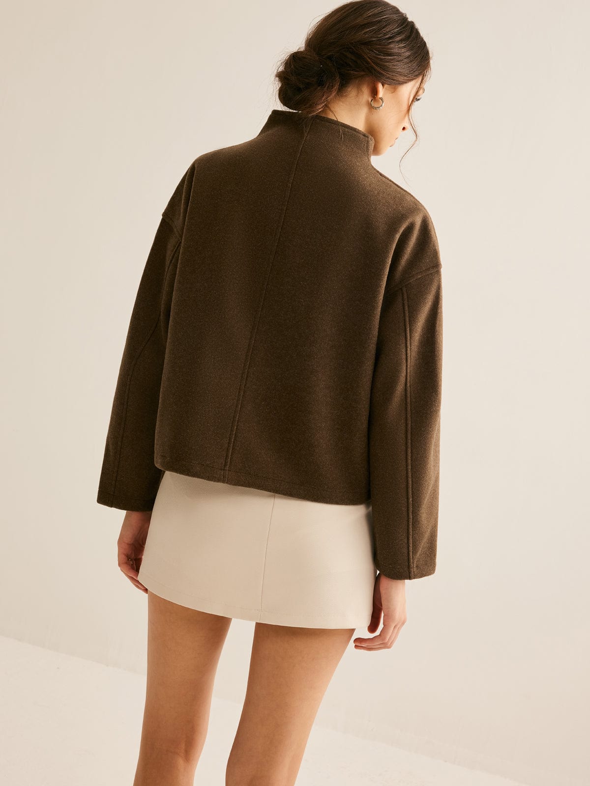 Bruine Damesjas Kort Model Staande Kraag Elegant