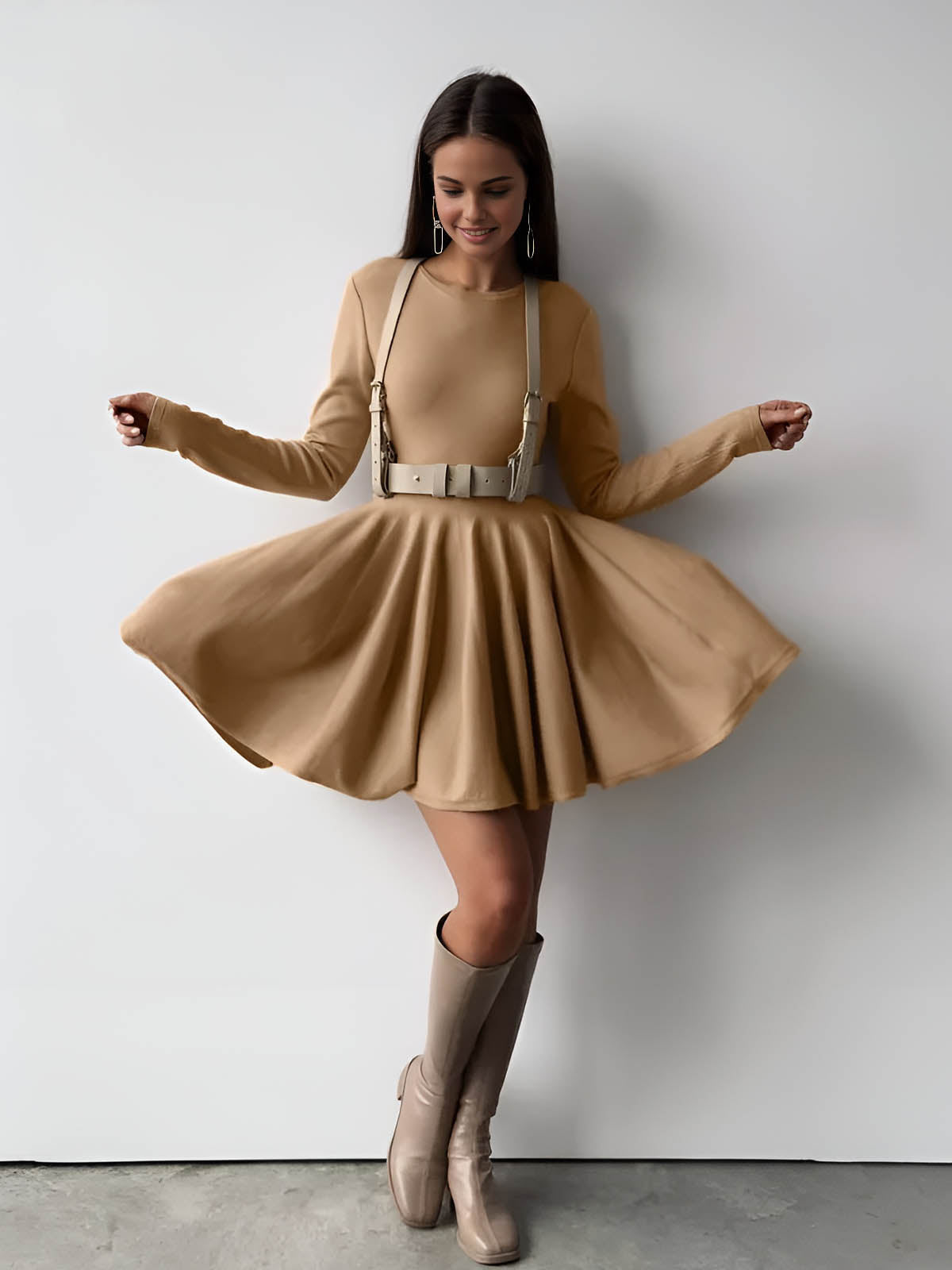 Dames Skaterjurk Lange Mouwen Elegante Crème Jurk