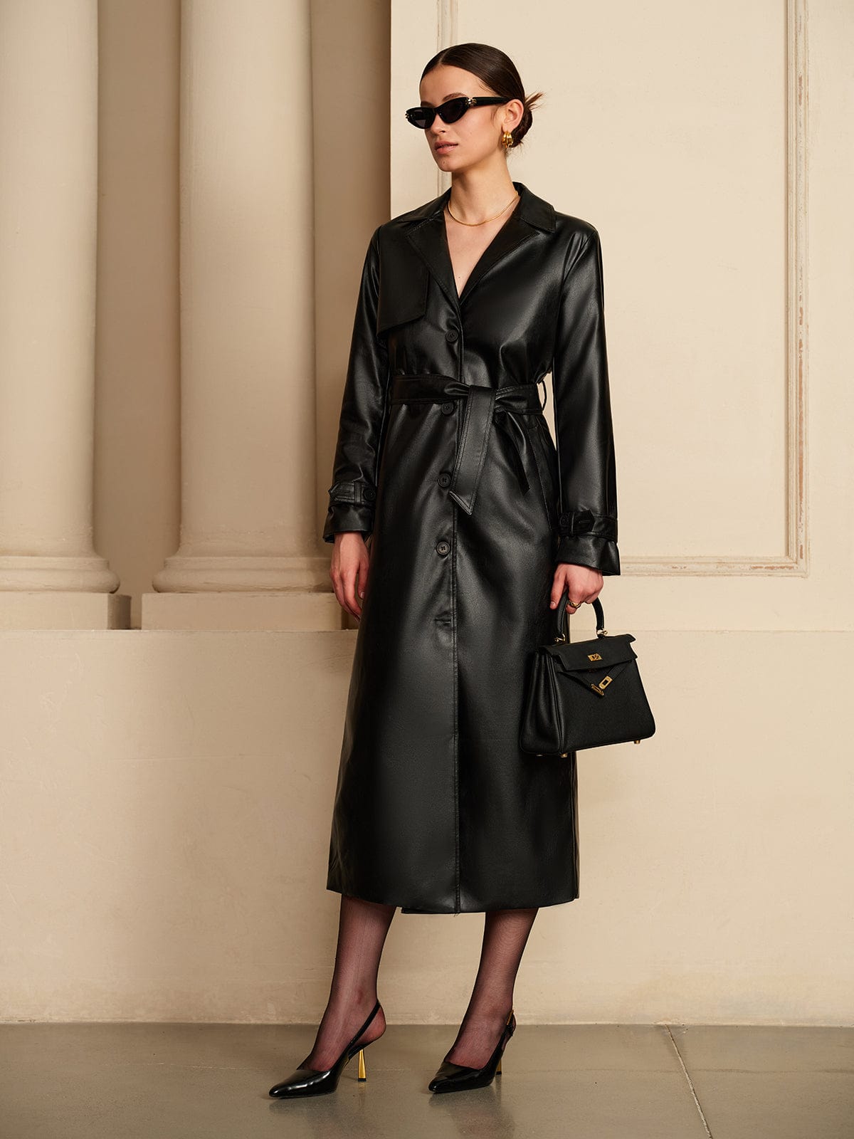 Dames Trenchcoat Imitatieleer Zwart Lange Jas - StudioMarella