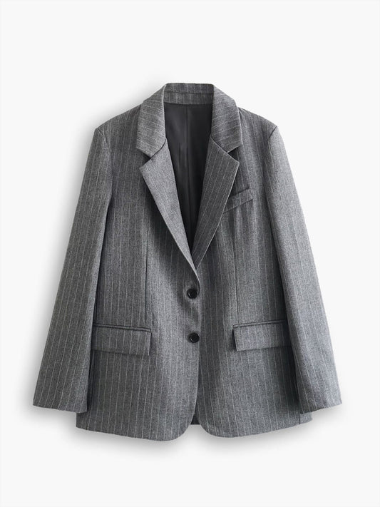 Dames Blazer Grijze Pinstripe Klassieke Oversized Twee Knopen - StudioMarella