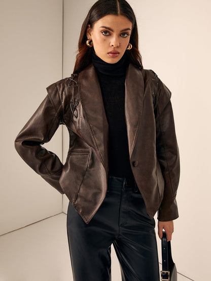 Lederblazer Tailliert met Ceintuur Elegant en Chic