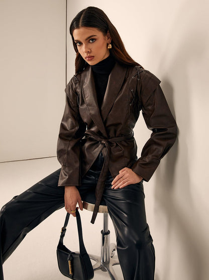 Lederblazer Tailliert met Ceintuur Elegant en Chic