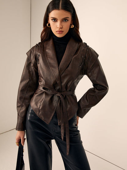 Lederblazer Tailliert met Ceintuur Elegant en Chic