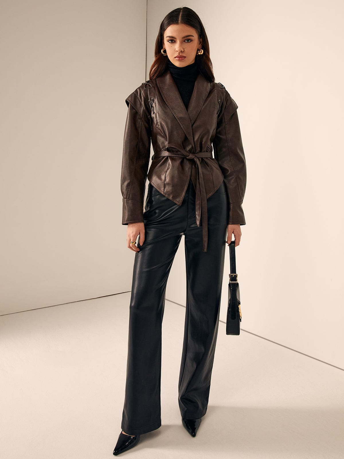 Lederblazer Tailliert met Ceintuur Elegant en Chic