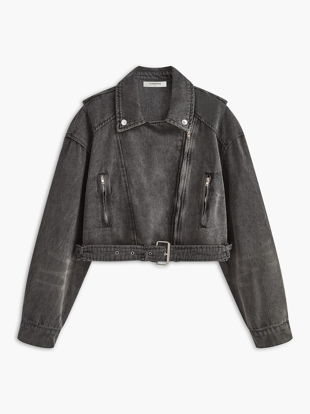 Vrouwen Bikerjack Denim Zwart Leerlook - StudioMarella
