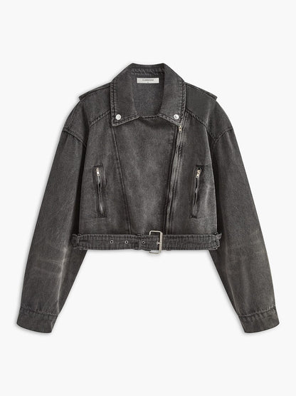 Vrouwen Bikerjack Denim Zwart Leerlook - StudioMarella