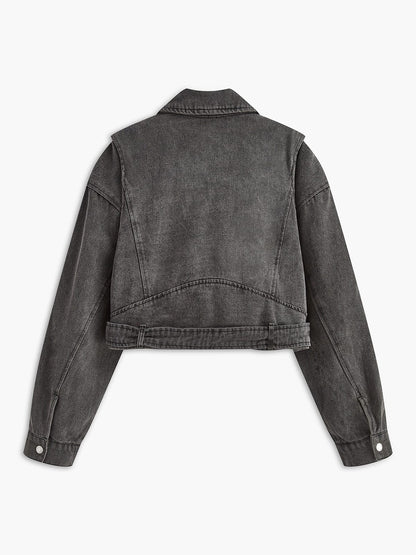 Vrouwen Bikerjack Denim Zwart Leerlook