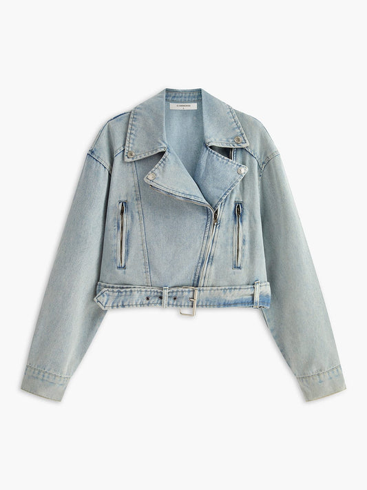 Korte Leren Bikerjas voor Dames Cropped Denim Look - StudioMarella