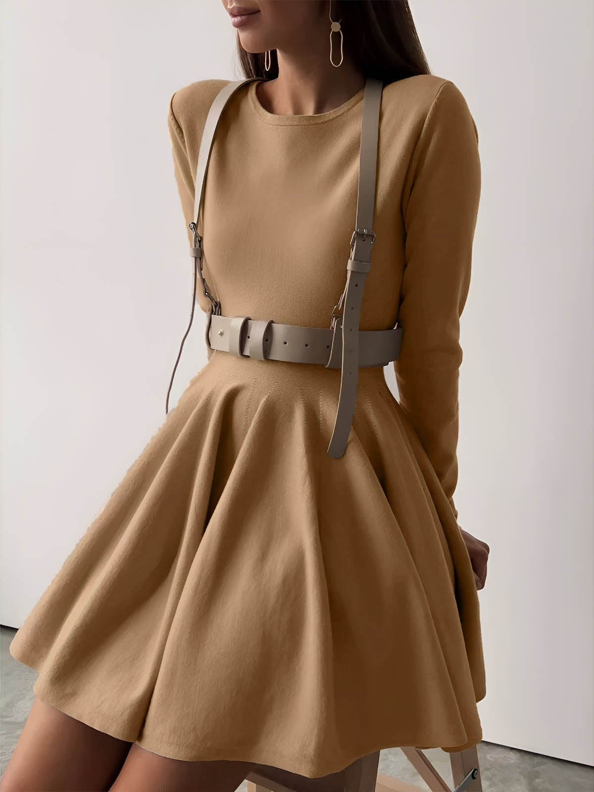 Dames Skaterjurk Lange Mouwen Elegante Crème Jurk