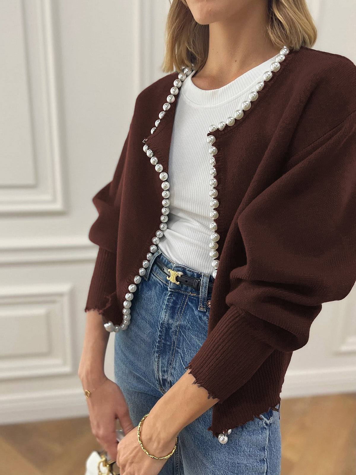 Talicia Cardigan Met Gefranste Randen en Parelmoeren Knopen