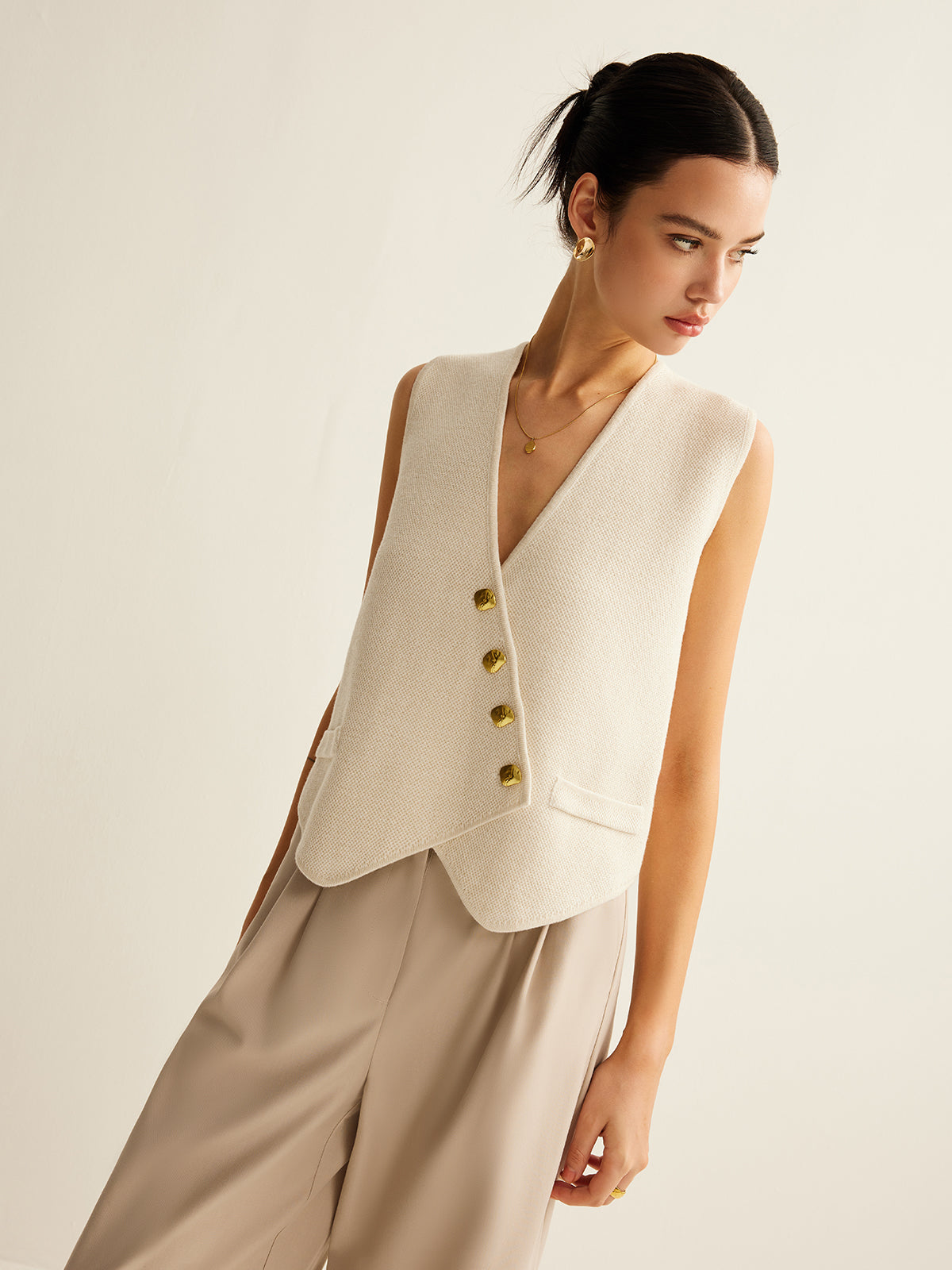 Vest voor Dames Gebreid Asymmetrisch met Knopen Stijlvol