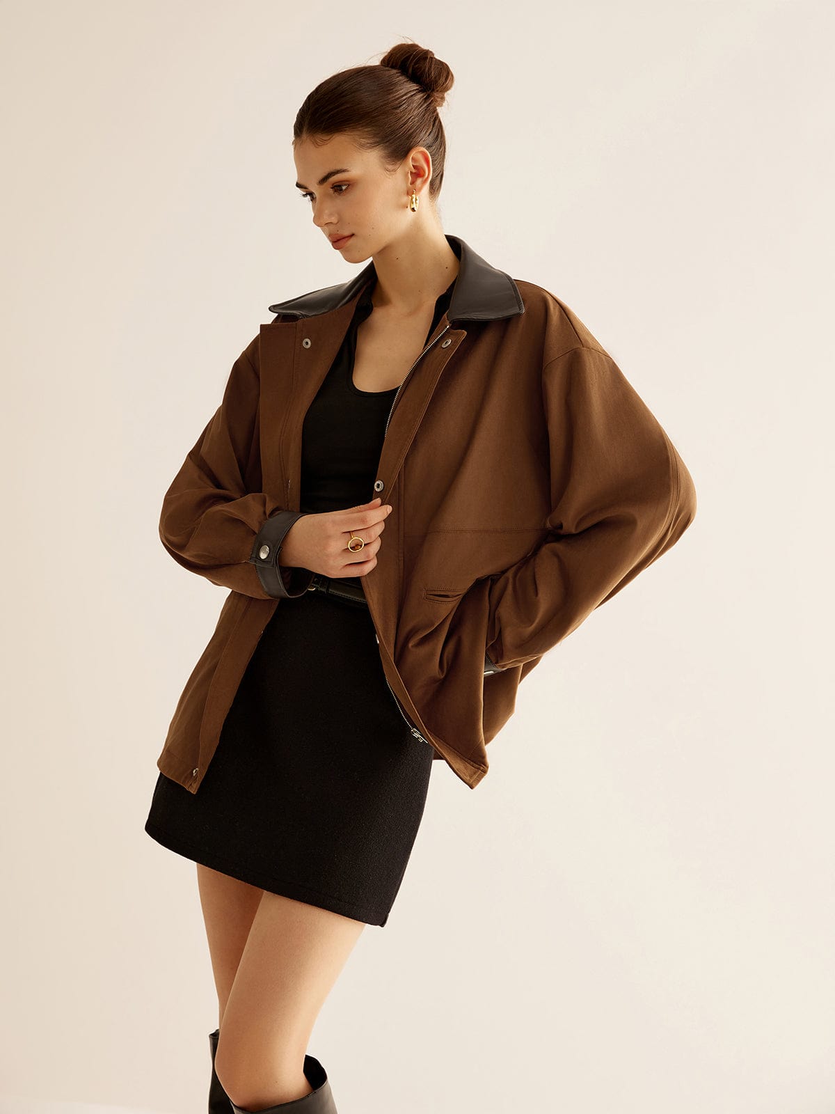 Leren Jack Camelkleur Oversized Met Knopen