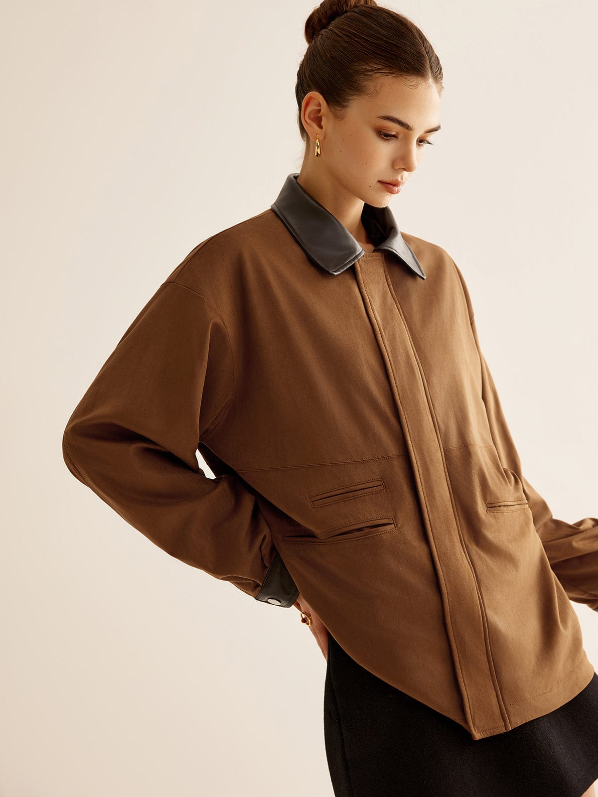 Leren Jack Camelkleur Oversized Met Knopen
