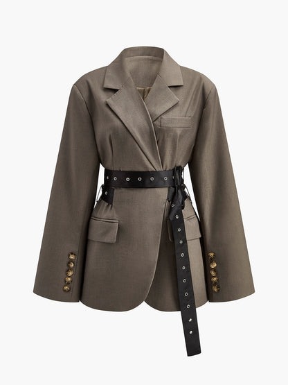 Oversized Blazer Olijfgroen met Tailleband wordt: Olijfgroene Oversized Blazer met Tailleband - StudioMarella