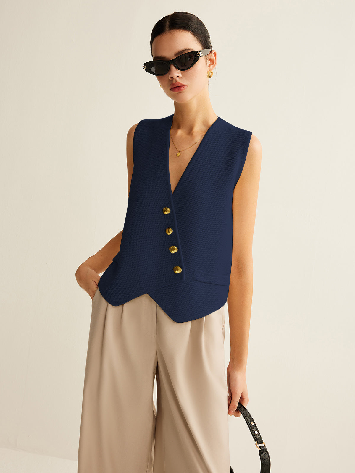 Vest voor Dames Gebreid Asymmetrisch met Knopen Stijlvol