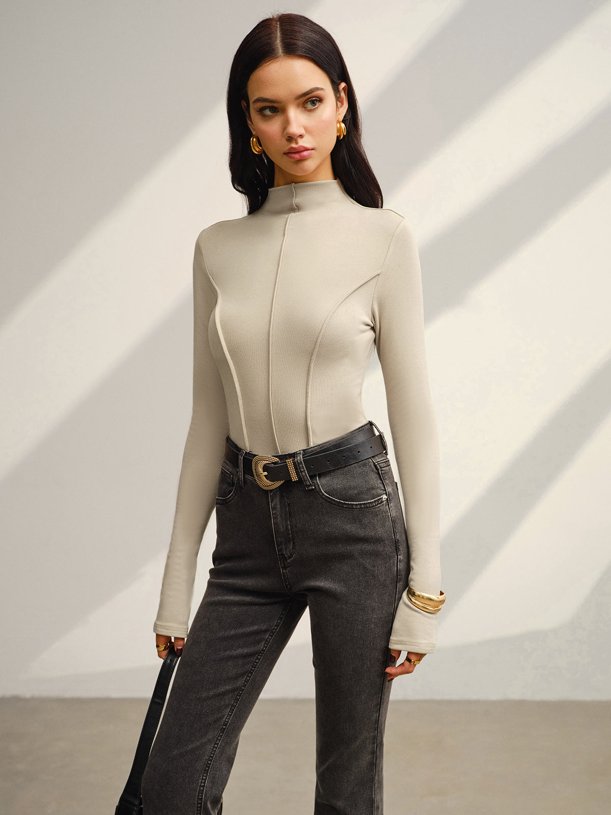 Warme Jersey Top met Opstaande Kraag Stretch Fit