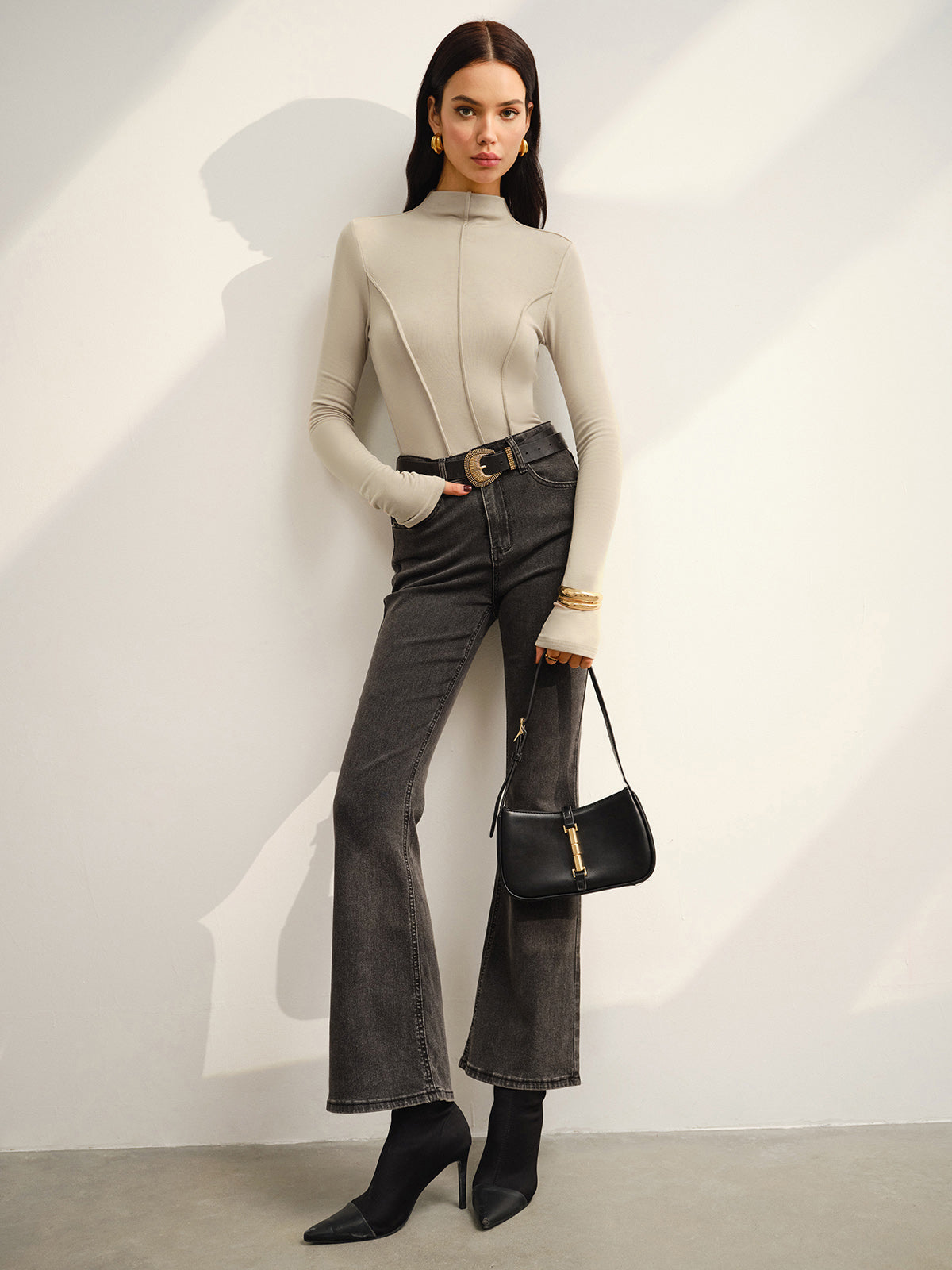 Warme Jersey Top met Opstaande Kraag Stretch Fit