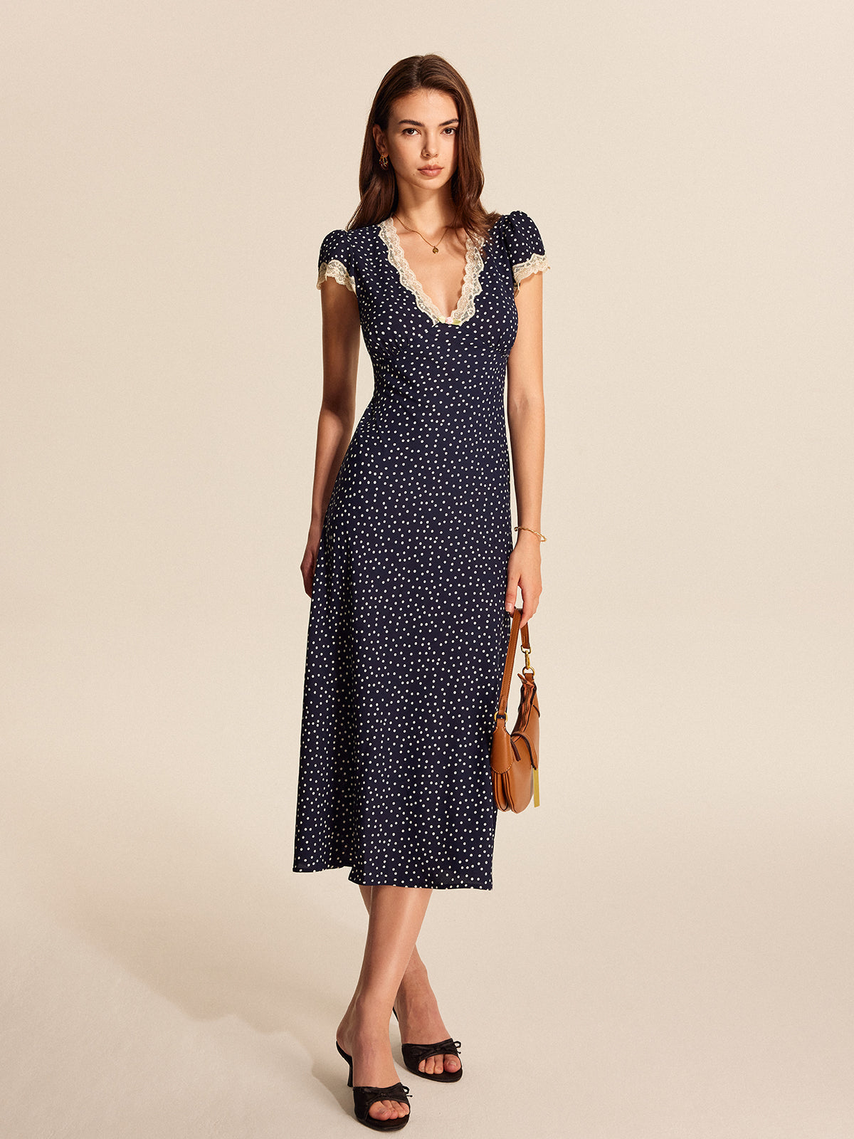 Midi Jurk met Polkadot Print en Kant Pofmouwen