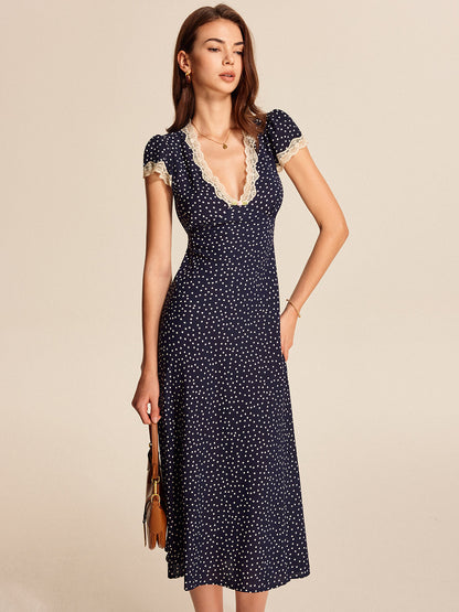 Midi Jurk met Polkadot Print en Kant Pofmouwen
