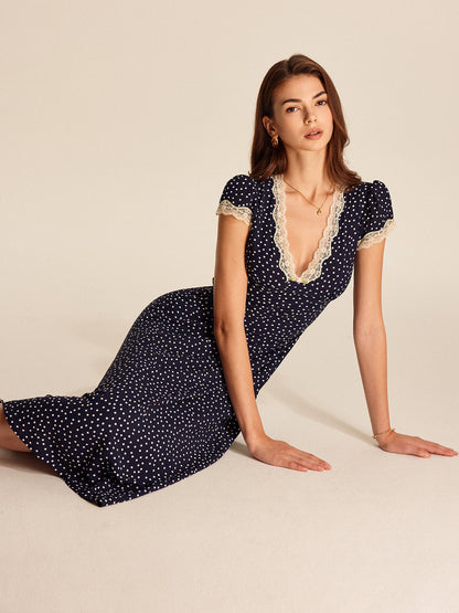 Midi Jurk met Polkadot Print en Kant Pofmouwen