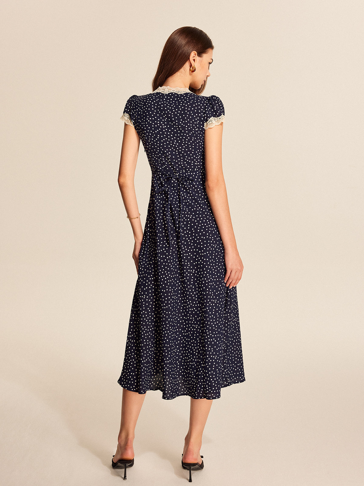 Midi Jurk met Polkadot Print en Kant Pofmouwen