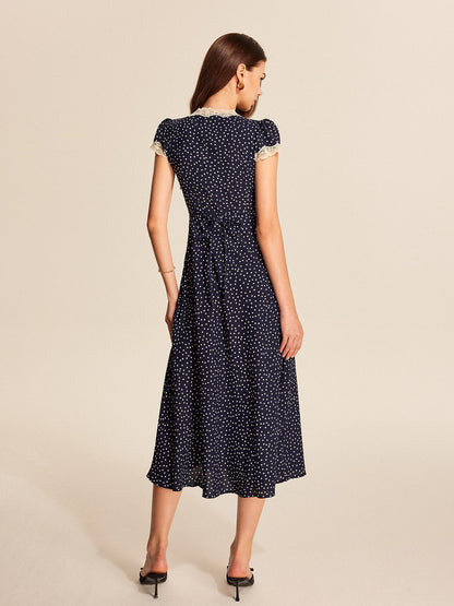 Midi Jurk met Polkadot Print en Kant Pofmouwen