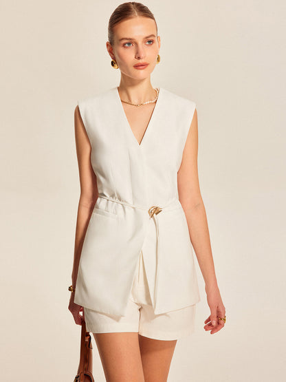 Dames Vest Mouwloos V-Hals Lang Model met Ceintuur Comfortabel - StudioMarella