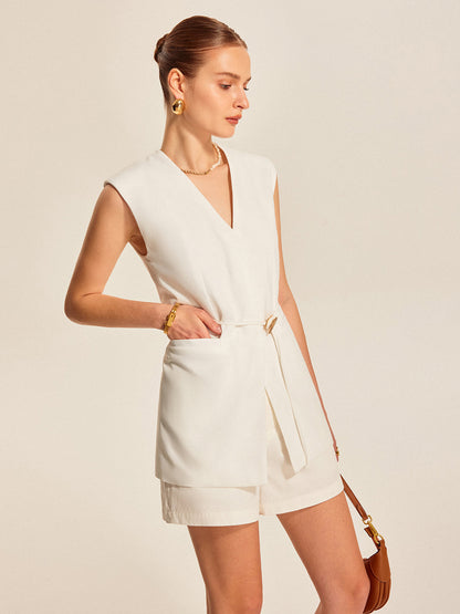 Dames Vest Mouwloos V-Hals Lang Model met Ceintuur Comfortabel