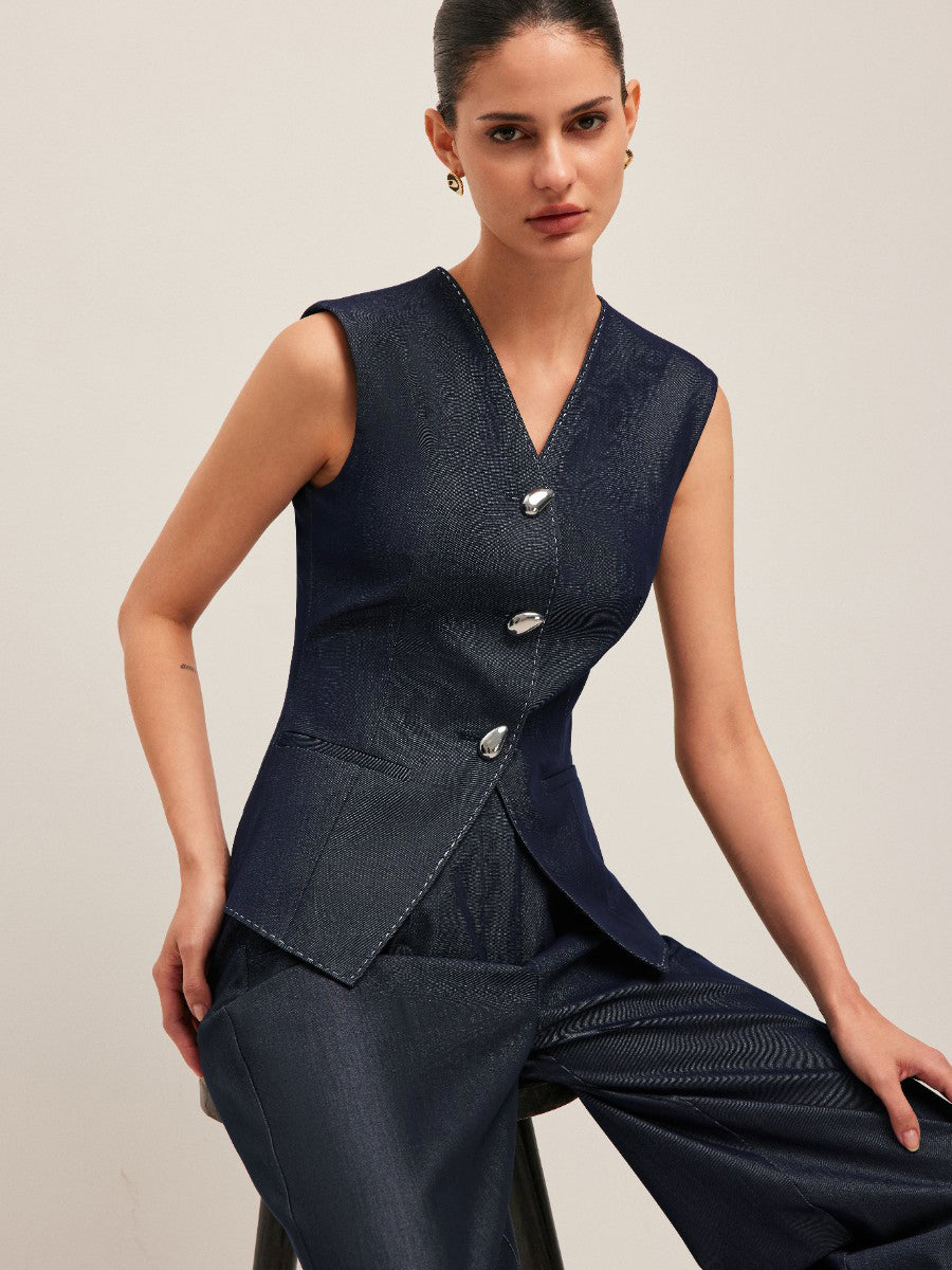 Dames Gilet met Peplum en Contrast Stiksel Elegant Design