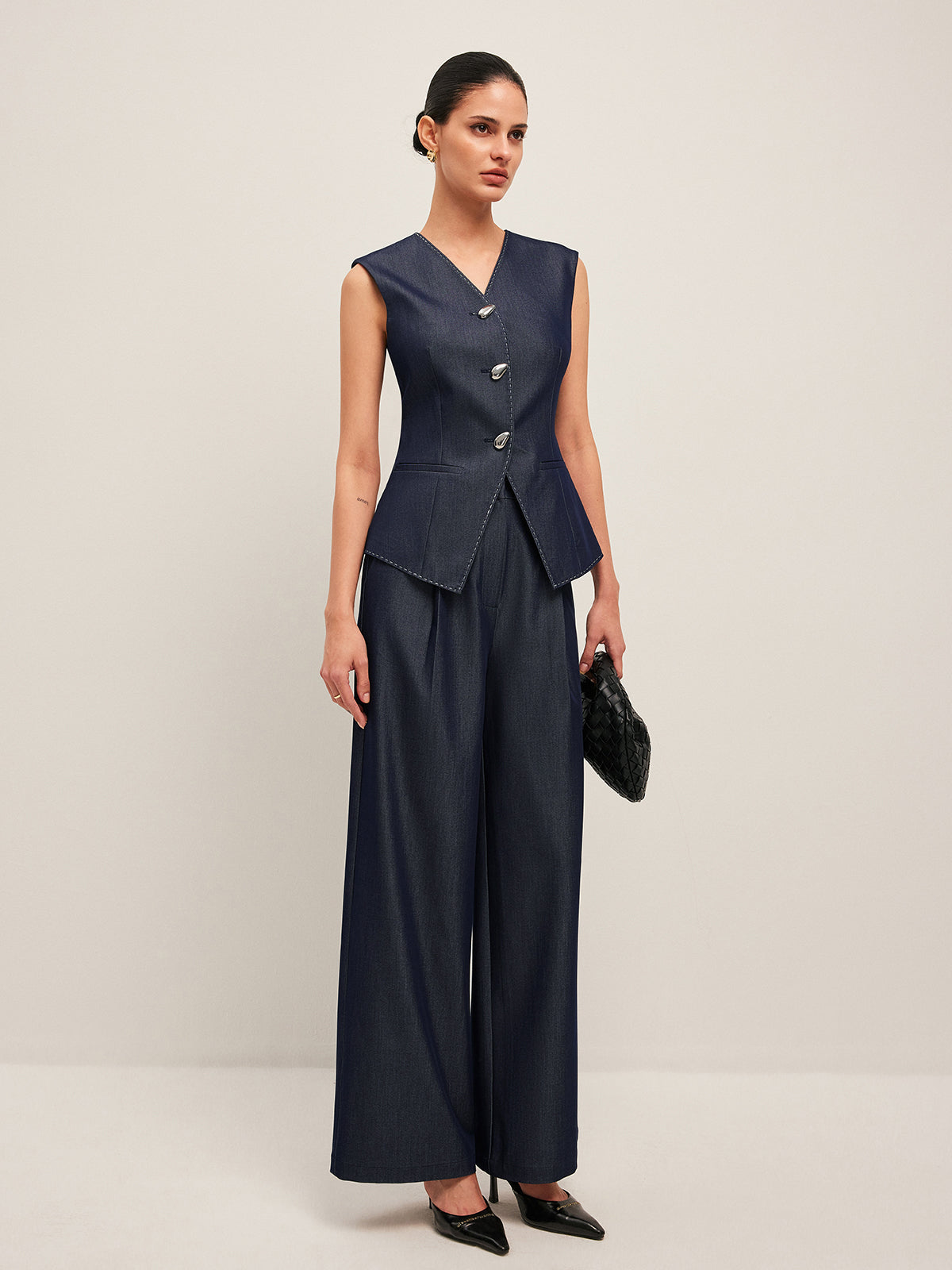 Dames Gilet met Peplum en Contrast Stiksel Elegant Design