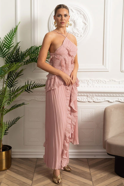 Midi Jurk Roze met Ruches en Plooien