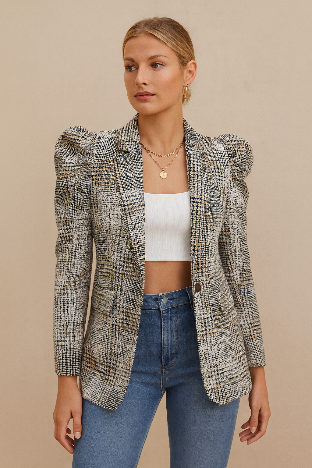 Dames Blazer Geruit Pofmouwen Stijlvolle Pasvorm - StudioMarella