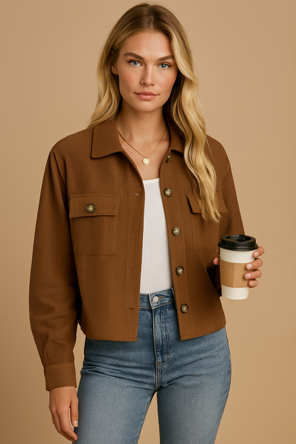 Dames Corduroy Jas Kort Bruin Trendy Model - StudioMarella
