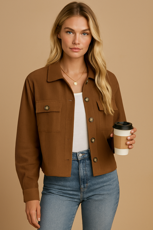 Dames Corduroy Jas Kort Bruin Trendy Model - StudioMarella