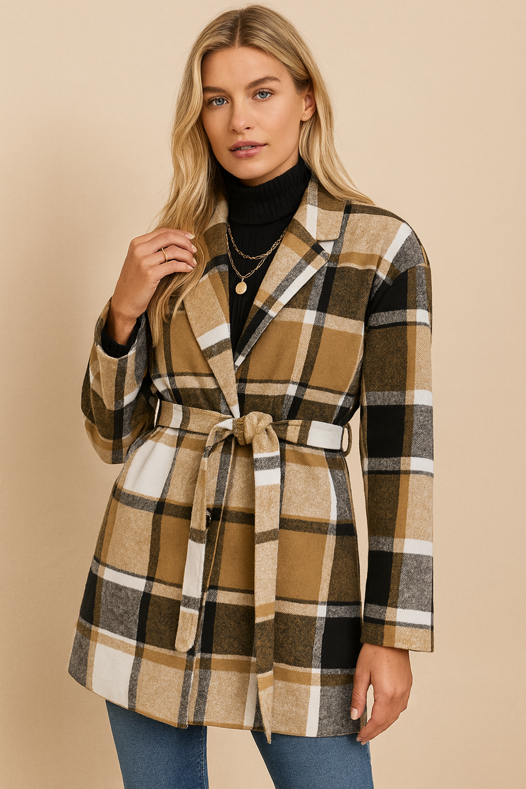 Dames Jas Geruit met Ceintuur Trendy Stijl - StudioMarella