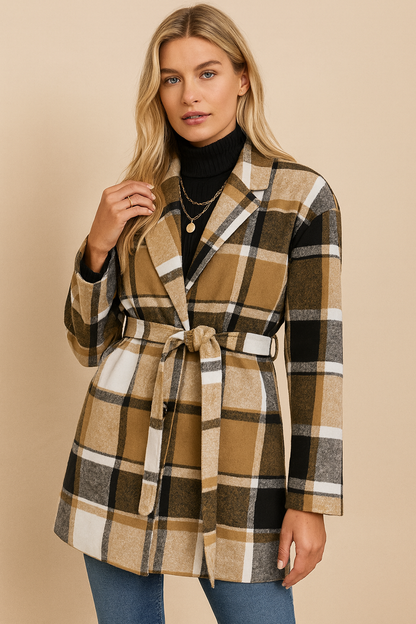 Dames Jas Geruit met Ceintuur Trendy Stijl - StudioMarella