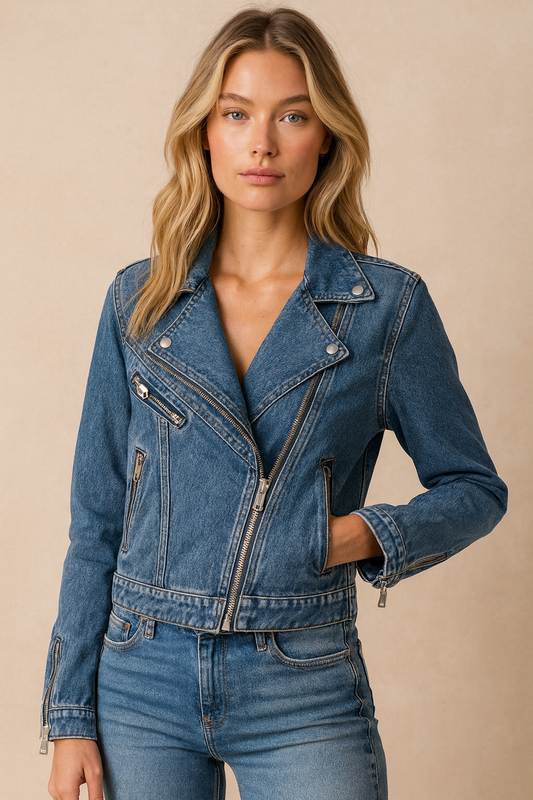 Dames Bikerjas Denim Met Ritsen en Stoere Streetwear Look - StudioMarella