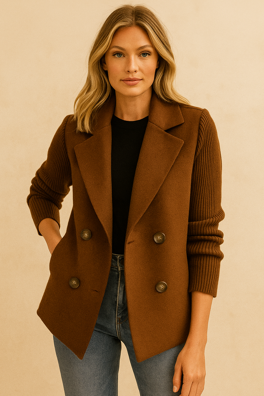 Dames Blazer Wollen Look Gebreide Mouwen Dubbele Knoopsluiting - StudioMarella