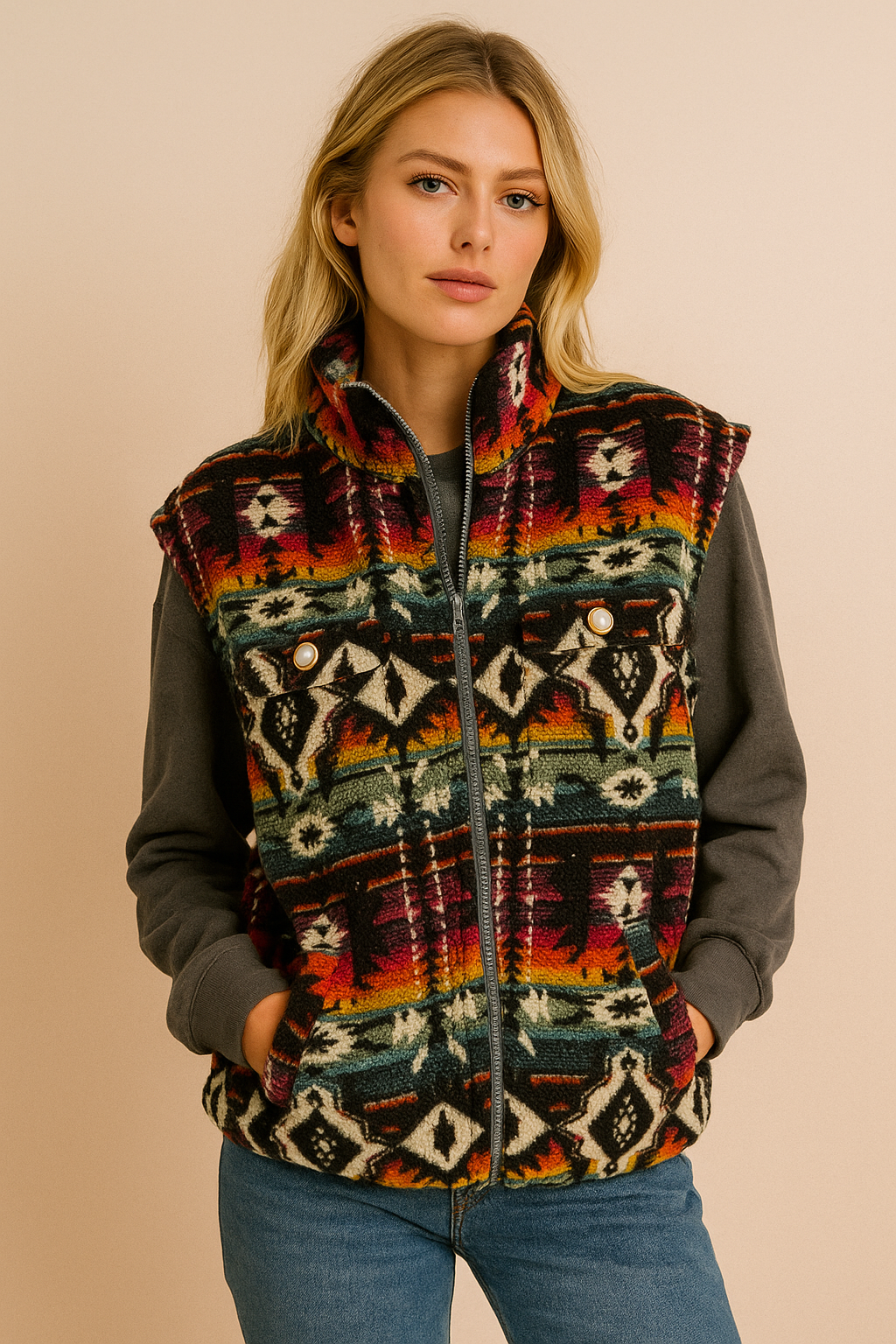 Dames Fleece Bodywarmer Warm Aztec Print Stijlvol - StudioMarella