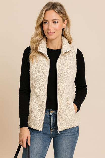 Dames Teddyjas Fleece Bodywarmer met Rits en Opstaande Kraag - StudioMarella