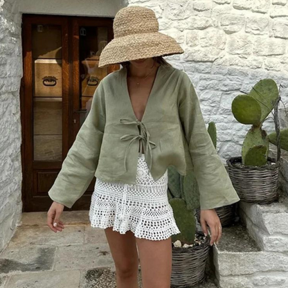 Vrouwelijke Linnen Blouse Met Strik Detail - StudioMarella