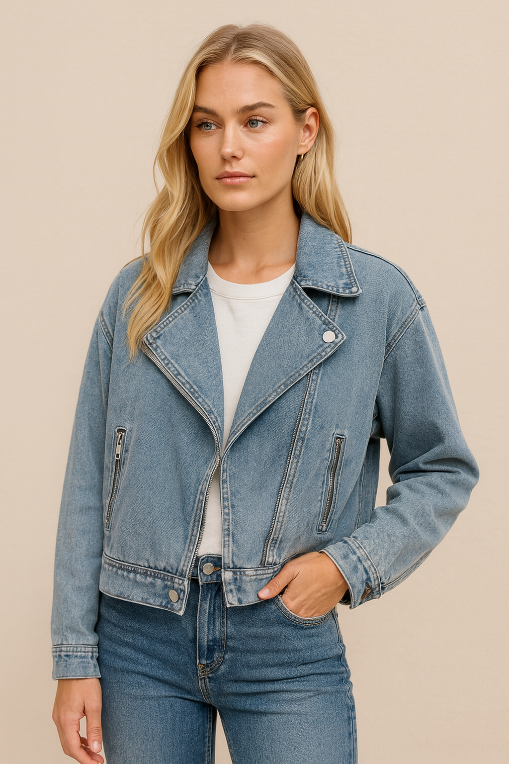 Dames Biker Jacket Kort Denim Model Met Grote Kraag → Korte Dames Biker Jas Denim Met Grote Kraag - StudioMarella