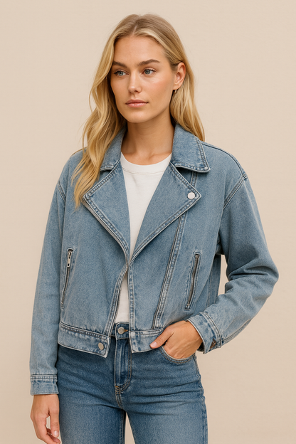 Dames Biker Jacket Kort Denim Model Met Grote Kraag → Korte Dames Biker Jas Denim Met Grote Kraag - StudioMarella