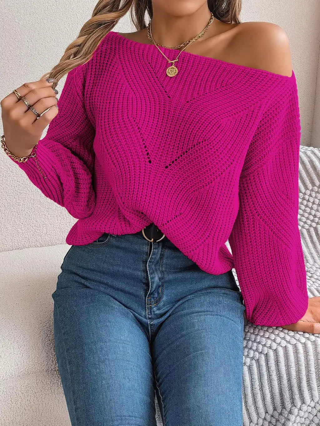 Off-shoulder Trui Zacht Gebreid Stijlvol Damestrui