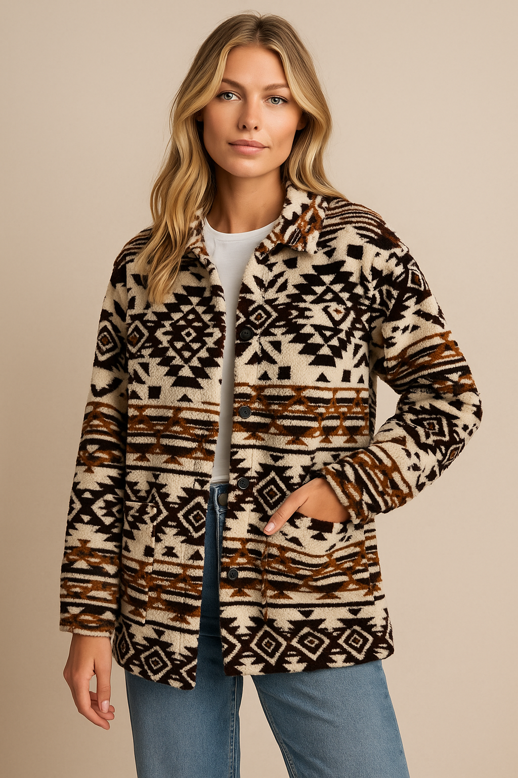 Dames Fleece Jas Warm Etnisch Print Trendy - StudioMarella