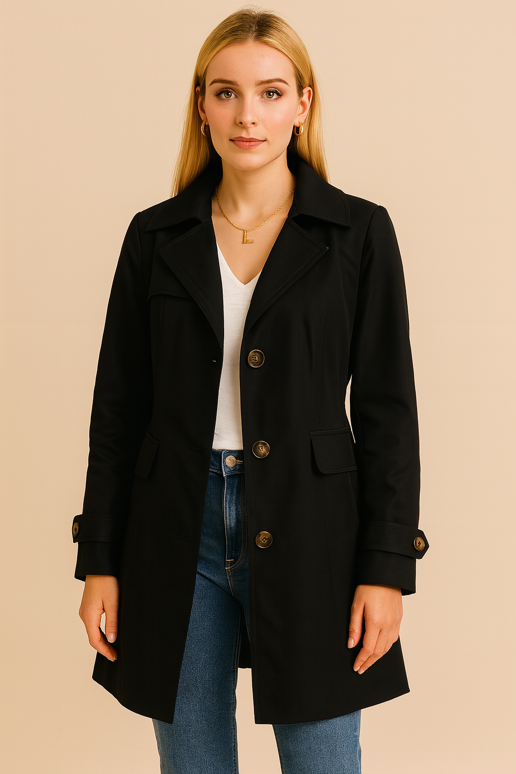 Dames Trenchcoat Klassiek Halflang Met Knopen