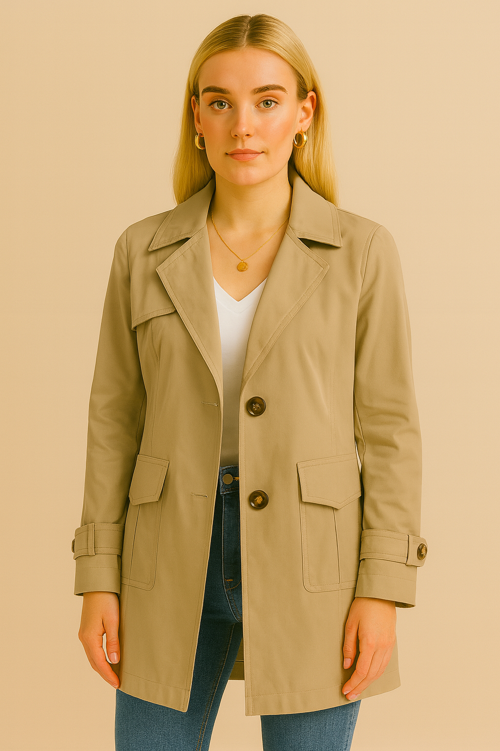 Dames Trenchcoat Klassiek Halflang Met Knopen