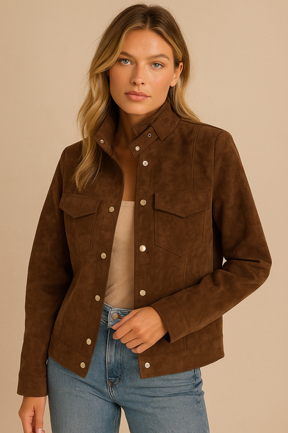 Korte Damesjas van Suede met Gouden Knopen Chique Look - StudioMarella