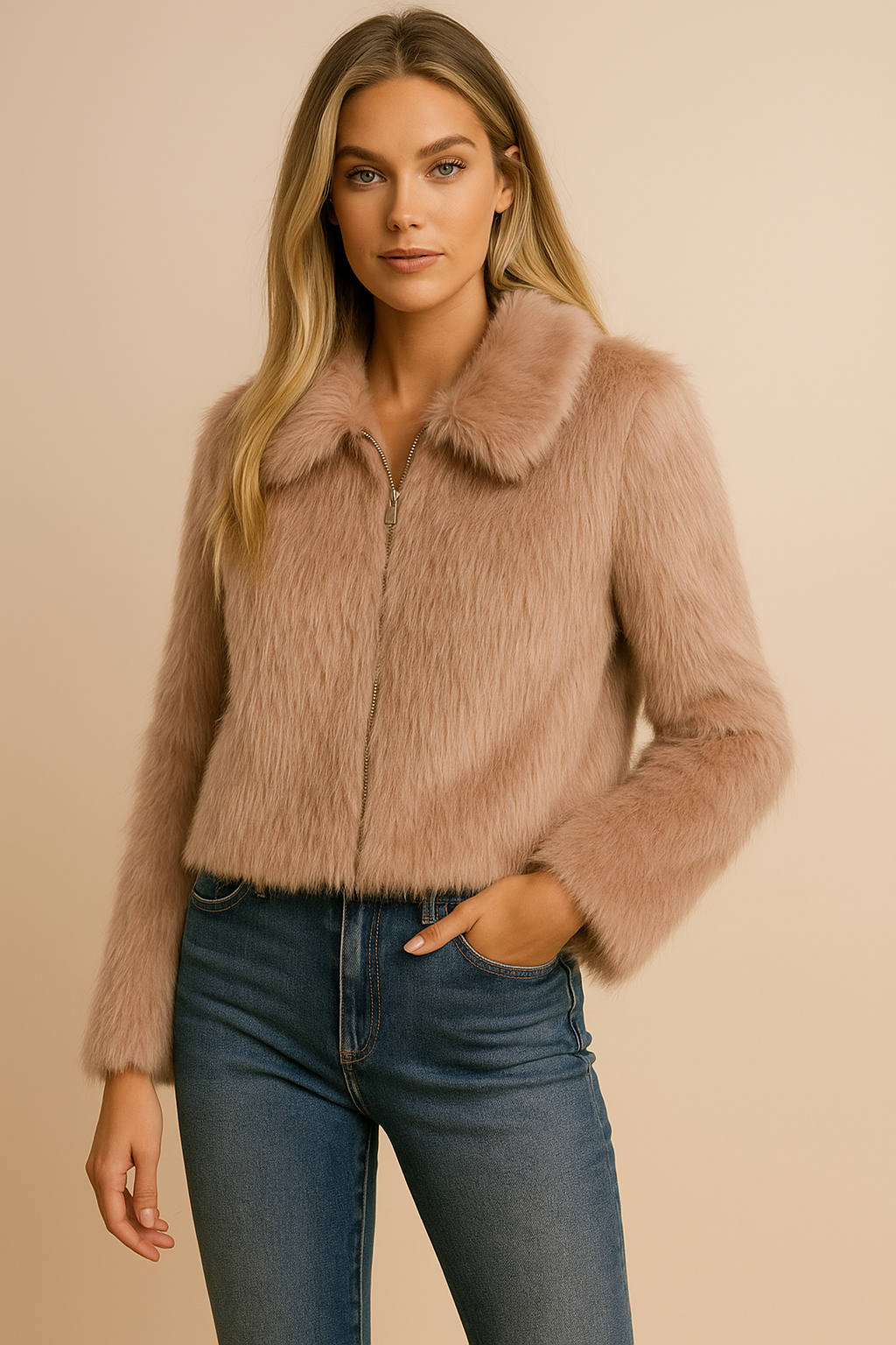 Dames Faux Fur Jas Kort Warm Met Rits en Kraag - StudioMarella