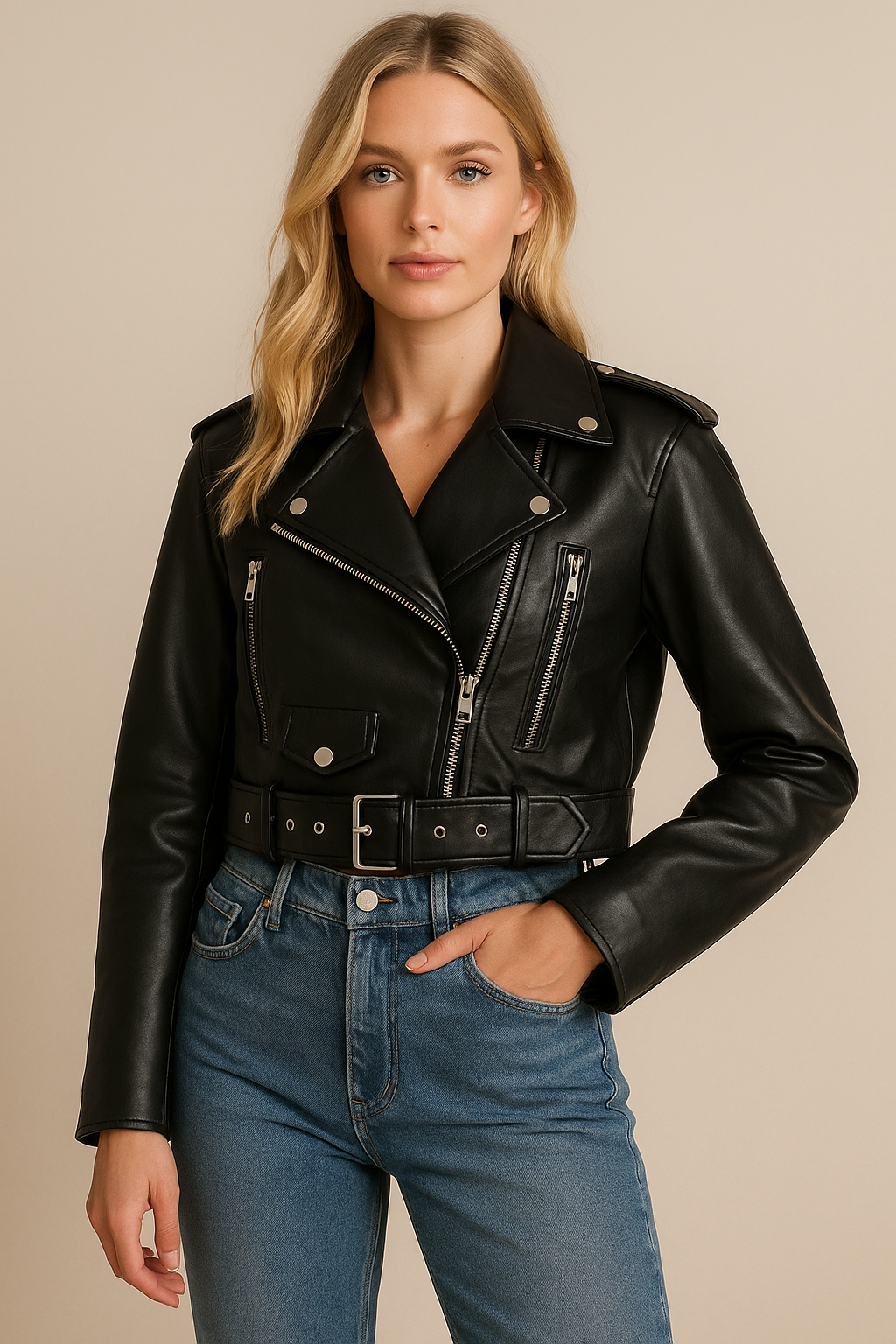 Korte Lederen Bikerjas voor Dames Trendy Design - StudioMarella